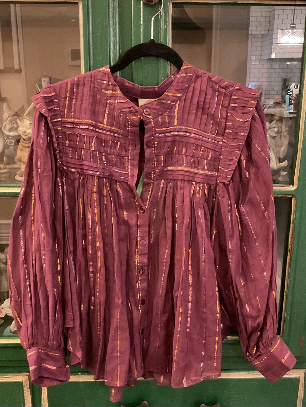 FARM Rio Purple Button-Down Metallic-Striped Pintuck Blouse